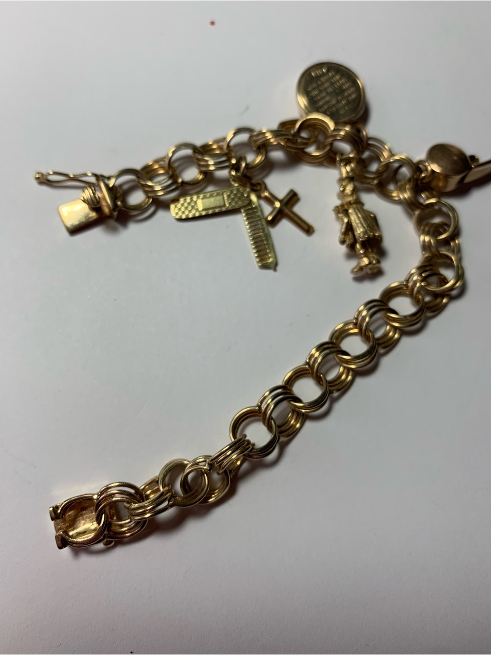 Vintage 14K Gold Double Link Charm Bracelet with 5 Unique Charms